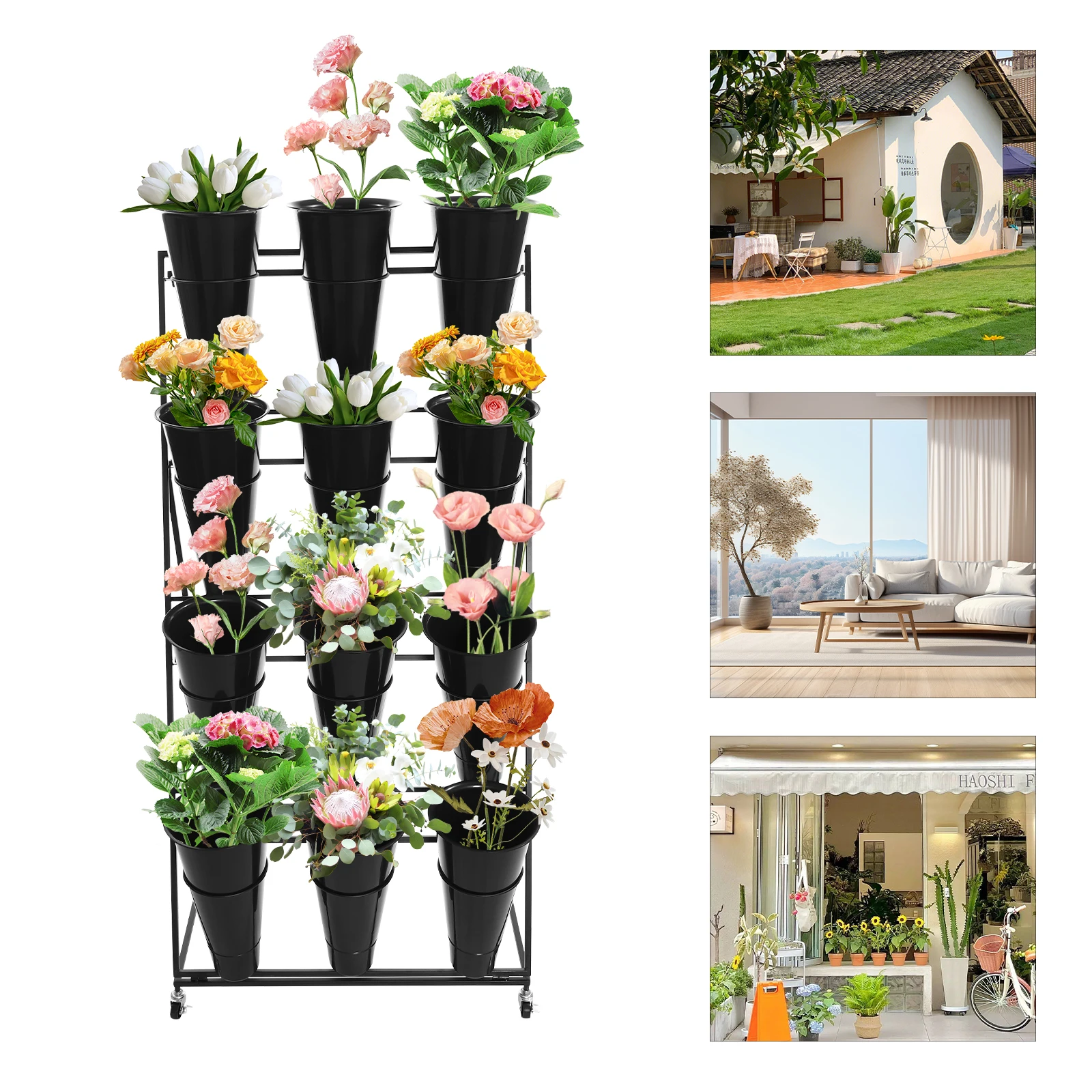 Flower Stand w/12pcs Black Plastic Bucket, Heavy Duty Moving Plant Cart Shelf for Outdoor Patio Garden Weddings
