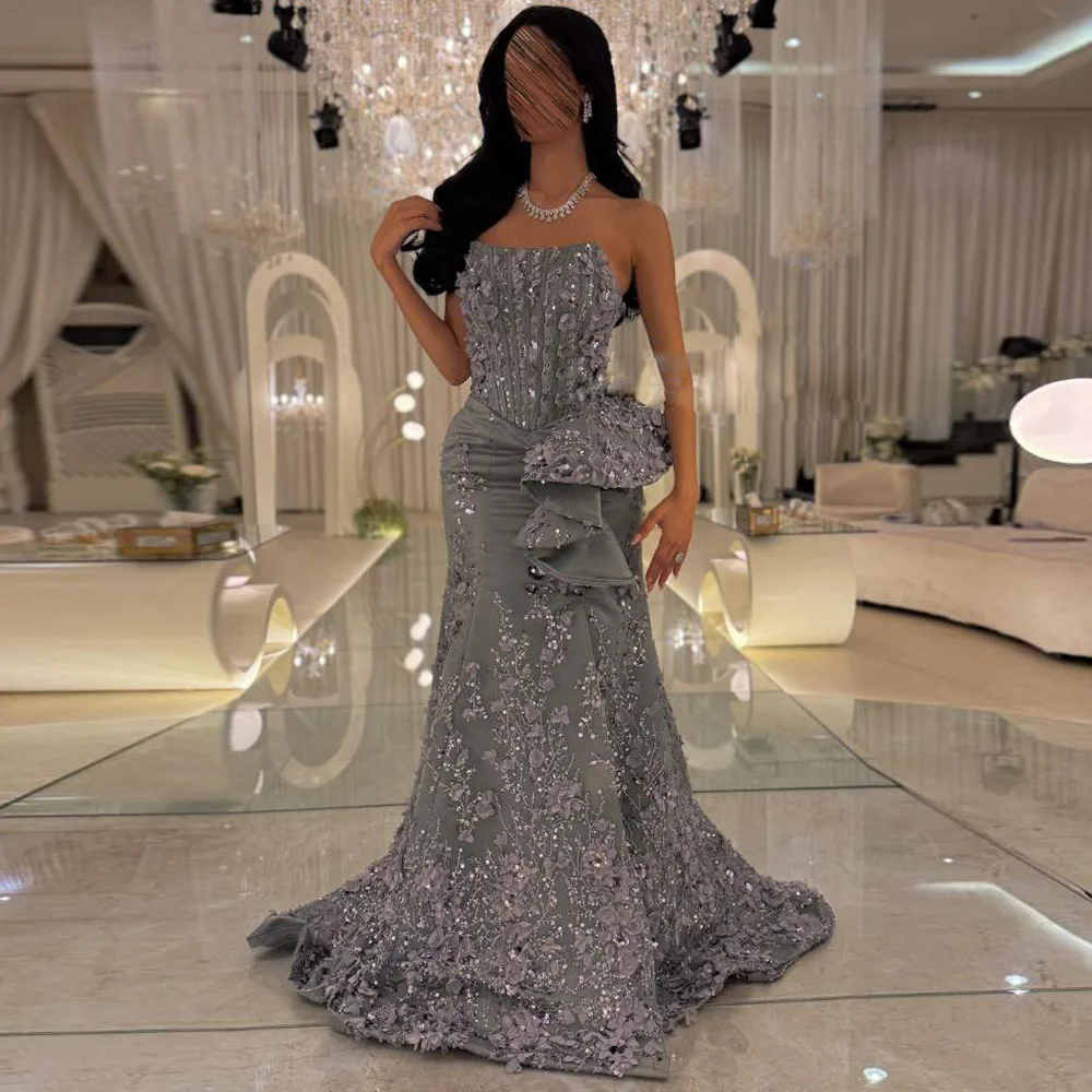 

Customized Grey Mermaid Corset Dresses Strapless Floral Lace Formal Evening Gown Ruffles Sweep Train vestidos de piedra