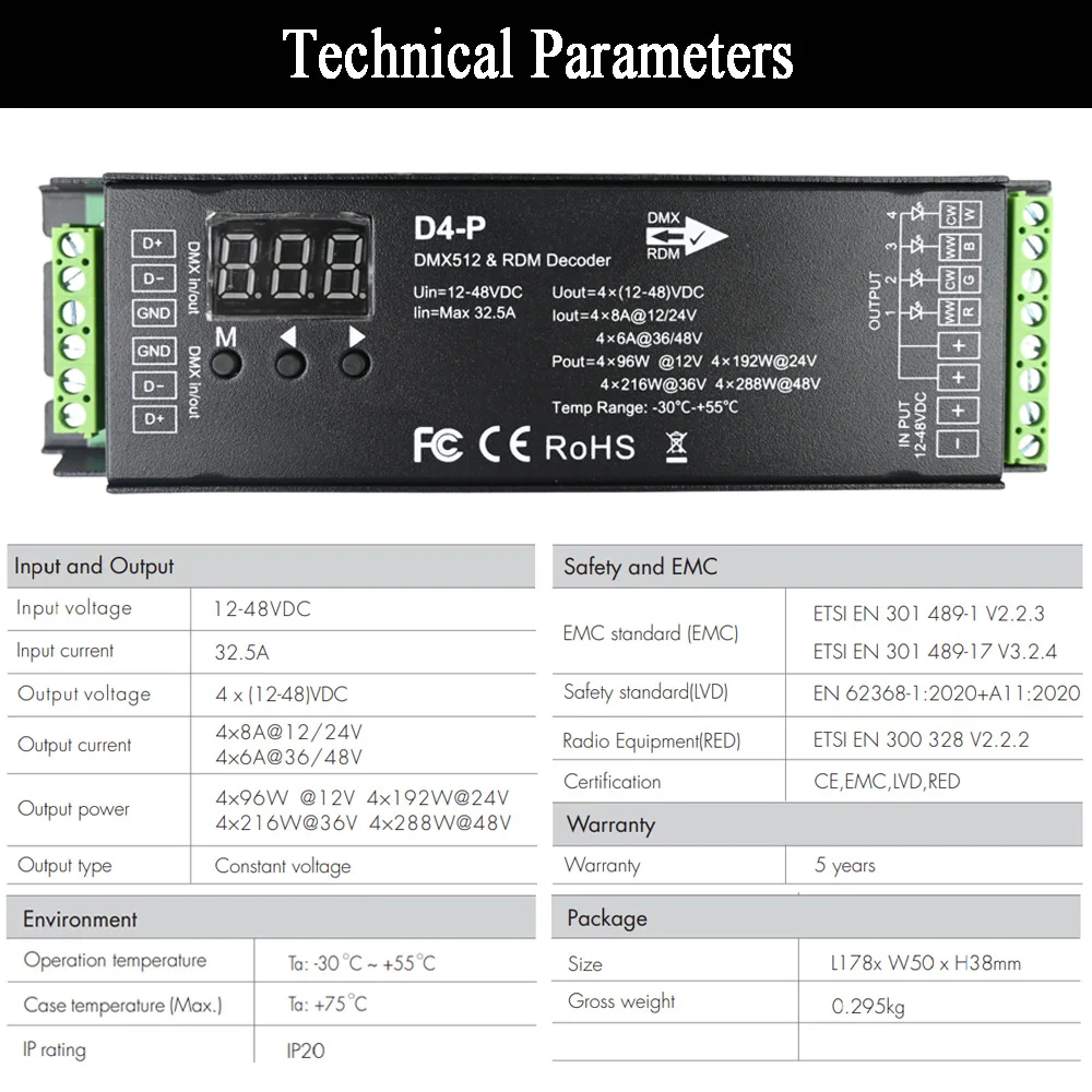 Decoder DMX a 4 canali con Display digitale RDM DMX512 Dimmer Driver PWM RGBW Controller LED per ingresso striscia luminosa RGBW 12V-48VDC