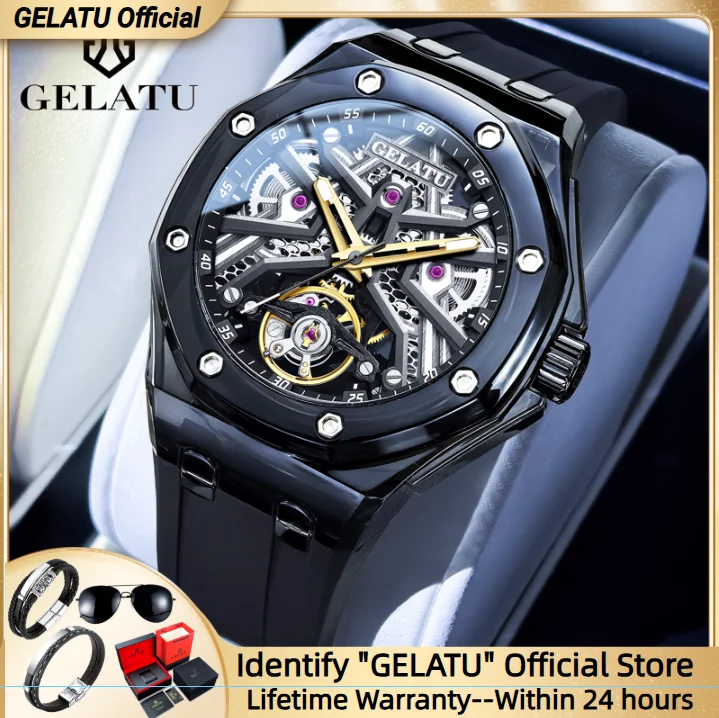 

GELATU 8002 Automatic Mechanical Men's Watch Hollow Skeleton Waterproof Wristwatch Luminous Big Face Dial Watches