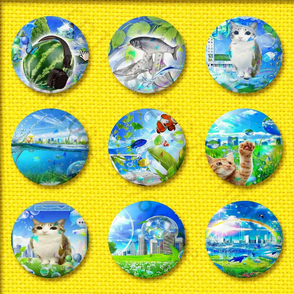 F-Frutiger Aero Fish Cat Badge 58mm 32mm 44mm 25mm 75mm Round Pin Brooch Adornment Souvenir Cosplay Gift Matte