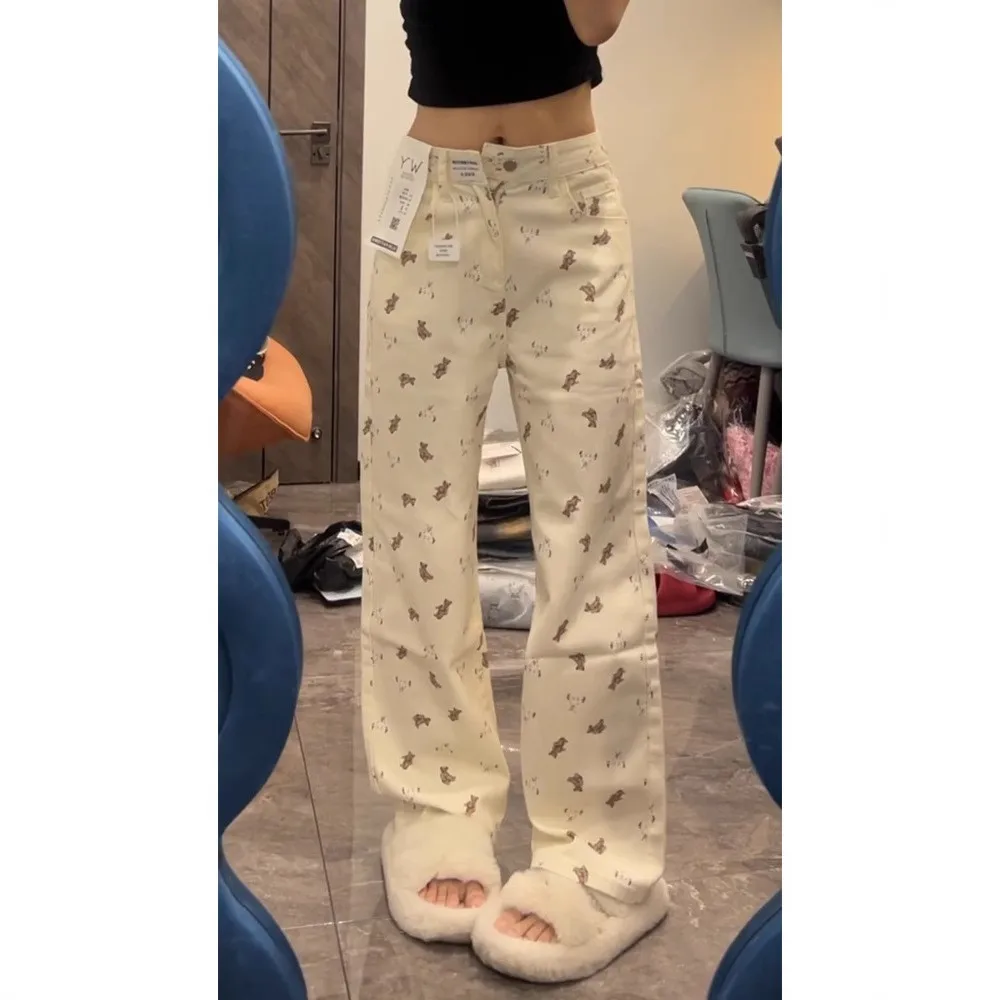 Bear Print Straight Leg Jeans Women's Casual High Waist Wide Leg Floor Length Pants Spring Summer New Style All Match