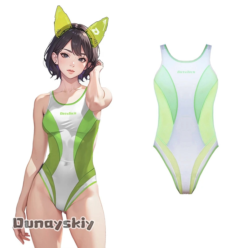 Japanese Sukumizu Cosplay Costume Green White One-piece Mesh Transparent Splicing Racing Swimming Suit Women Cyberpunk Swimsuit