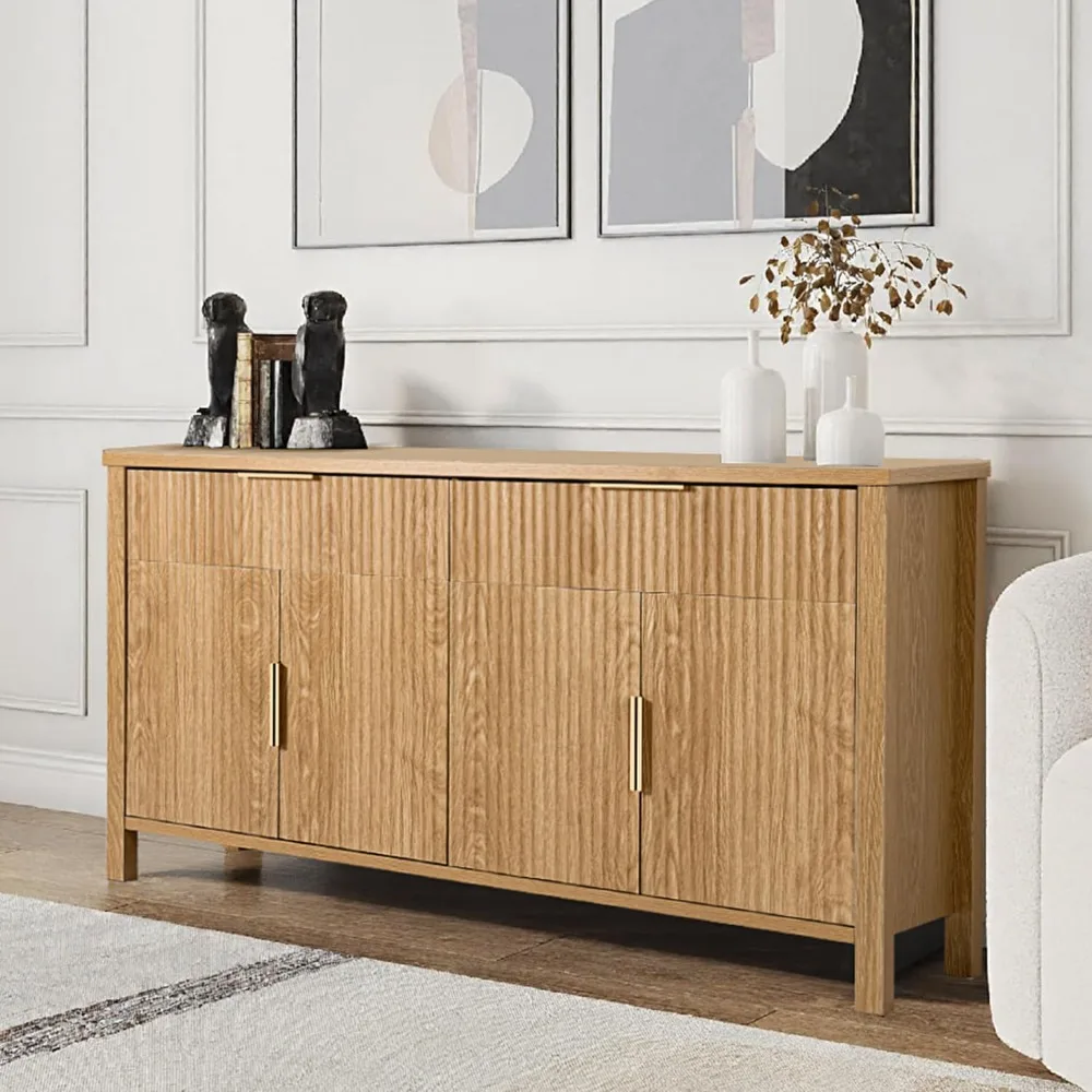 Elegant Large Fluted Sideboard Buffet, 55-Inch Dining Room Cabinet with Adjustable Shelves, 4 Doors and 2 Drawers Wood Coffee Ba