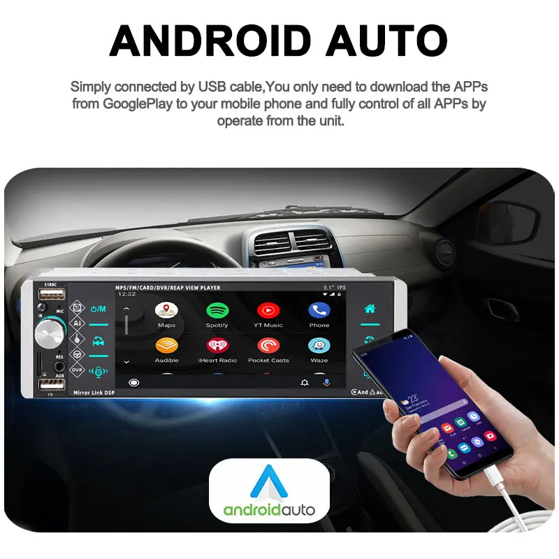 PolarLander  Mirrorlink AM Touch ​Screen 5.1 Inches Car Multimedia Player 1 Din MP5 4-USB Bluetooth MP4 FM Carplay/Android Auto