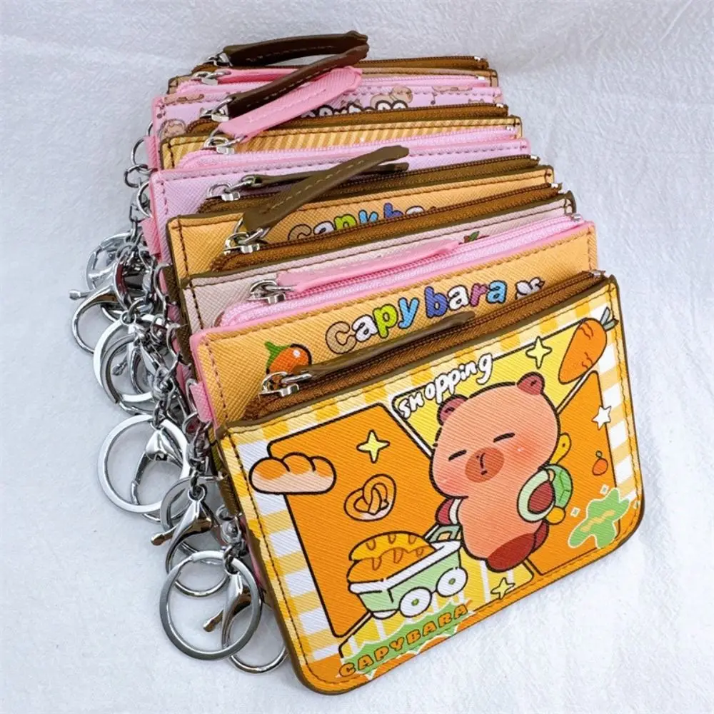 น่ารัก PU Capybara ผู้ถือบัตรโลหะพร้อมพวงกุญแจกระเป๋าสตางค์การ์ตูนกระเป๋าเงินนักเรียน