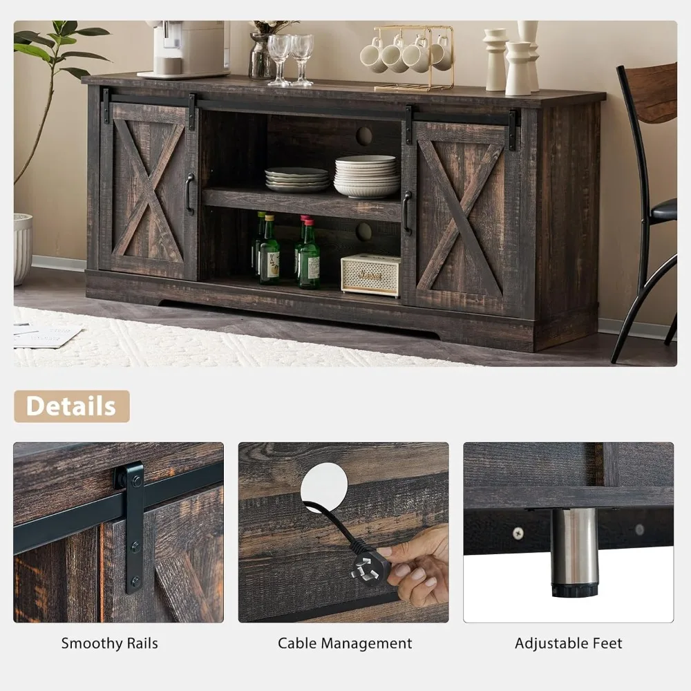 Farmhouse Style 4-Piece Furniture Set: Sliding Barn Door TV Console, Coffee Table, and Two End Tables with Charging Station