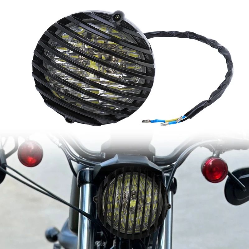 

Motorcycle LED Headlight 55/60W High Low Beam 12V Black Retro Grille Universal for Harley Honda Yamaha Suzuki Kawasaki Universal