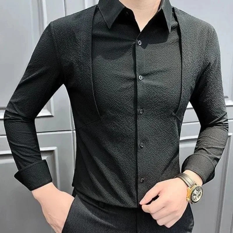 

Мужская рубашка с длинным рукавом, приталенного кроя, с жаккардовым узором, с отложным воротником, на пуговицах, для делового и повседневного стиля