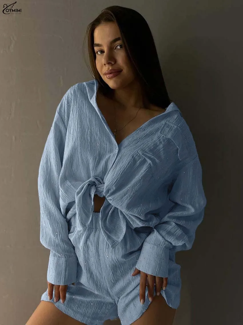 

Oymimi Fashion Blue Loose 2 Piece Sets Woman Outfit Elegant V-Neck Long Sleeve Button Shirts And High Waist Simple Shorts Sets