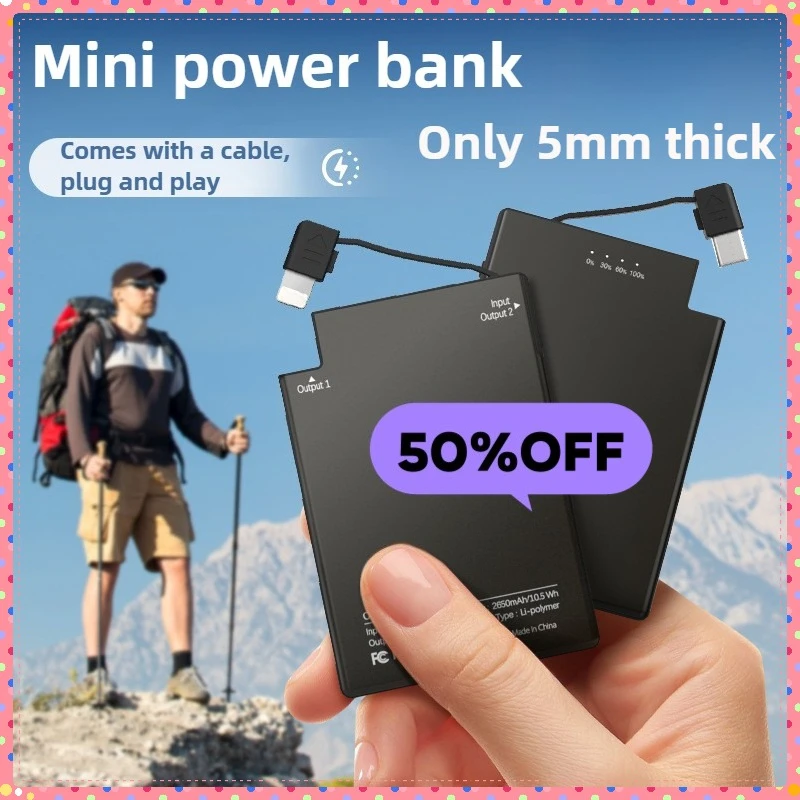 

2650mAh For IPhone Xiaomi Redmi Mini Portable Card Slim Power Bank 4mm Ultra-thin Type-c Built-in Cable Backup Battery