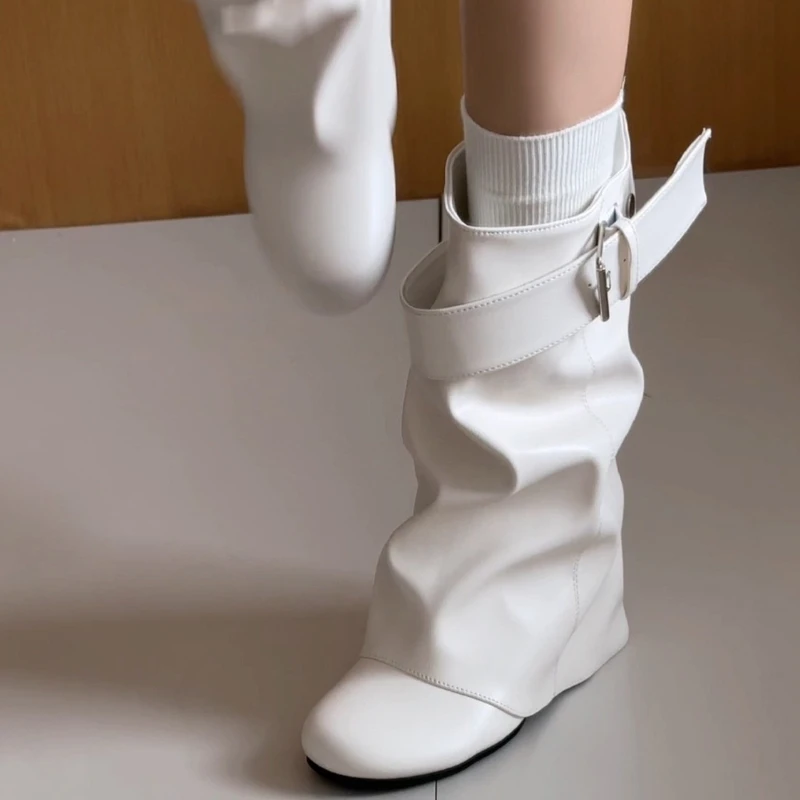 New Women Slouchy Mid Calf Leather Boots Metal Buckle Strap Block Heel Soft PU Leather Boots Autumn Streetwear Mordern Booties