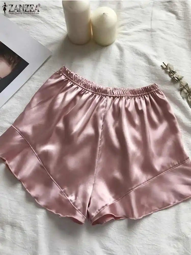 ZANZEA 2024 Women Hot Pants Summer Satin Home Sleep Shorts Elegant Silk Ruffled Wear Fashion Loose Elastic Waist Casual Shorts