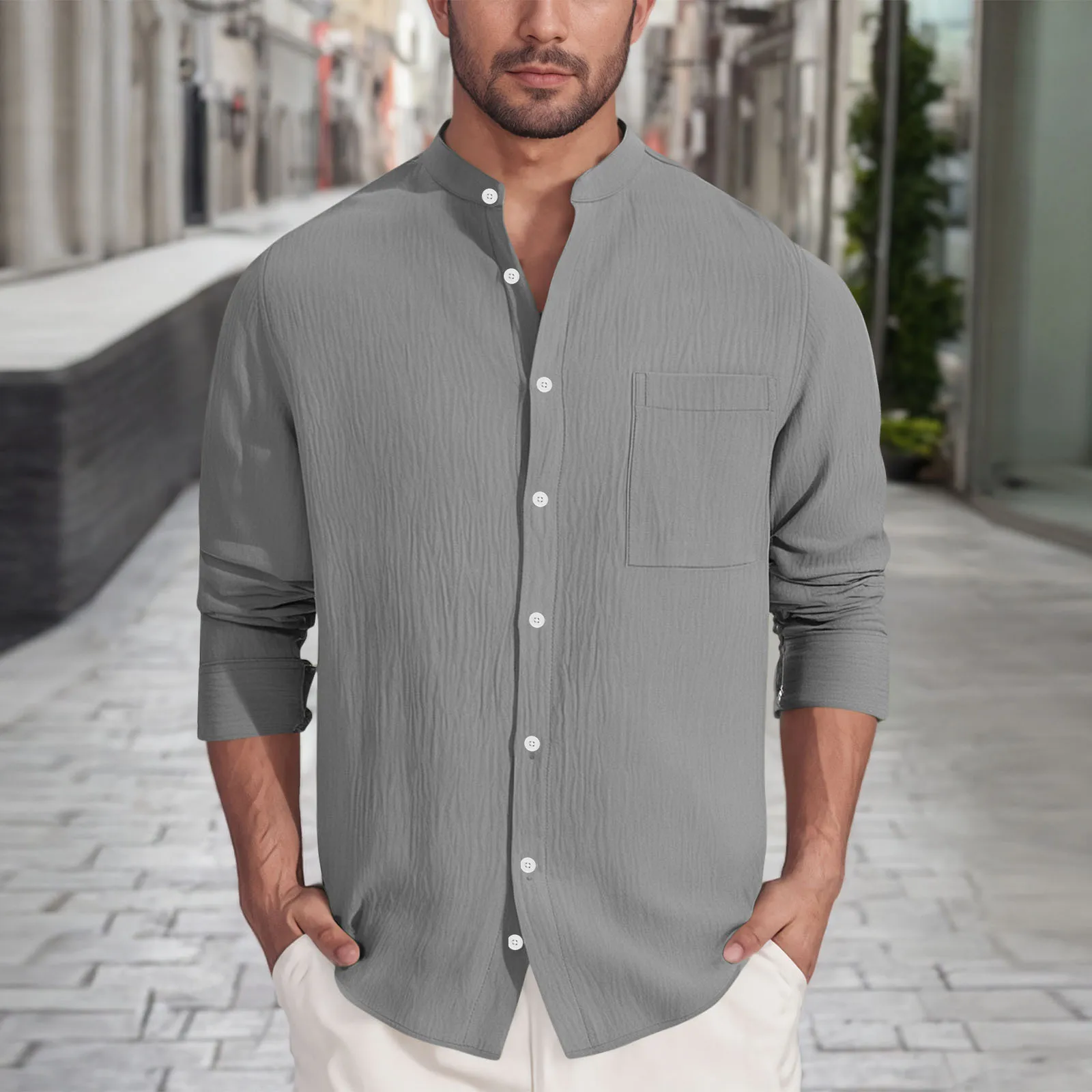 

Retro Solid Color Men Casual Shirt Summer Fashion Cotton linen Long Sleeve Henley Shirt Hawaii Male Beach Shirt European Size