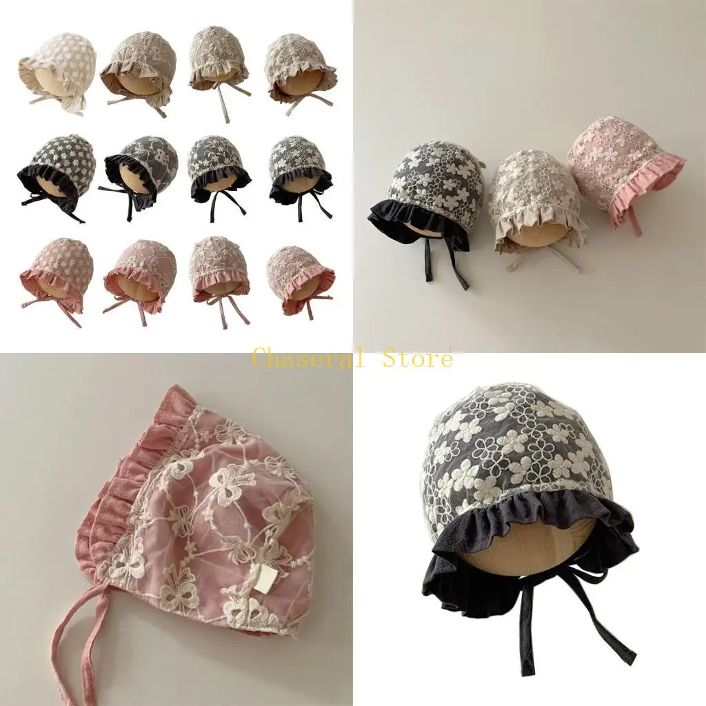 

E7CE Lace Hat Little Girl Infant Soft Lace Up Cotton Bonnet Cap Princess Baby Beach Sun Hats Newborn Photography Props