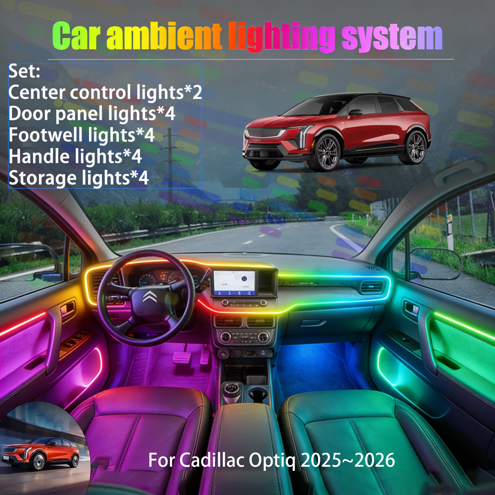 

For Cadillac Optiq 2025~2026 2/18 in 1 Car ambient lighting Led trunk interior led lights USB RGB Ensemble Streamer Auto Parts