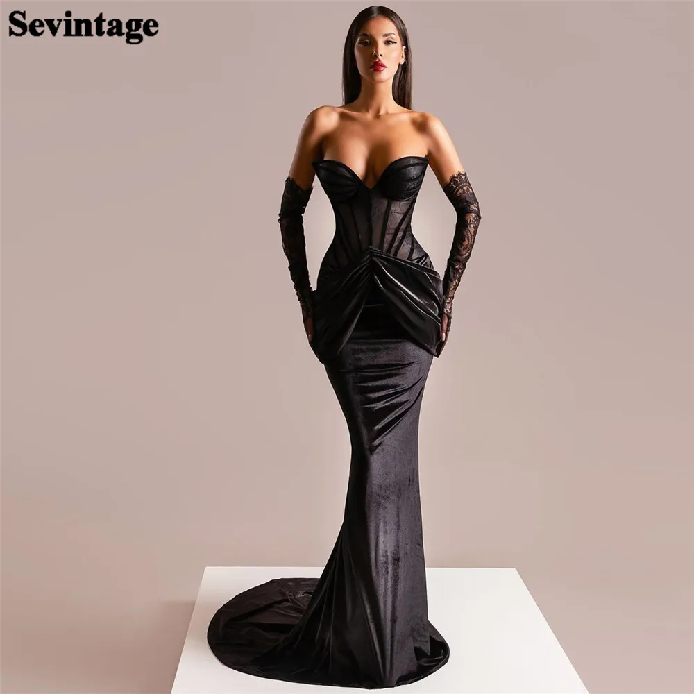 

Sevintage Mature Black Mermaid Prom Dress Lace Illusion Strapless Pleated Floor Length Women Evening Dress vestido de gala 2024