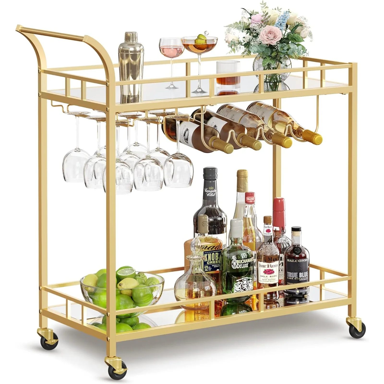 Bar Cart Gold, Home Bar Serving Cart, Wine Cart with 2 Mirrored Shelves, Wine Holders, Glass Holders, for Kitchen, Dining Room