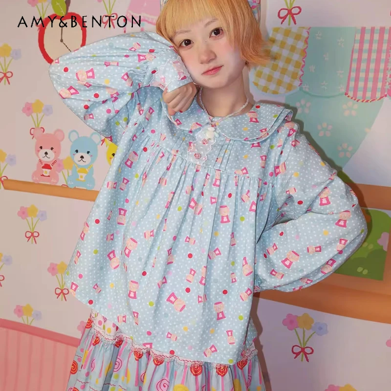 

Японская оригинальная женская одежда, топ из чистого хлопка с ярким принтом и длинными рукавами, милые и милые универсальные синие кружевные рубашки для женщин