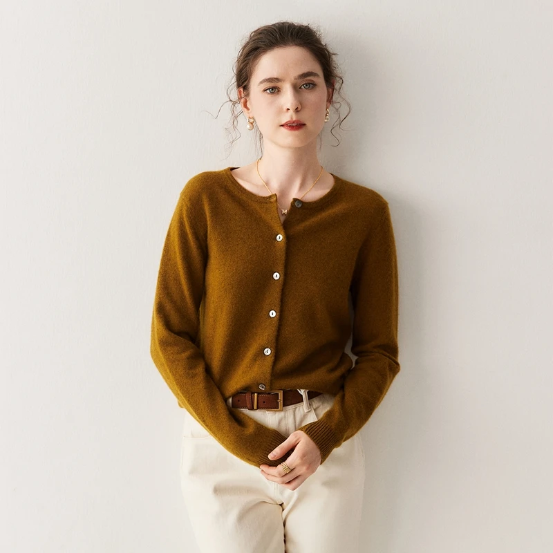 

2025 New Women's 100% Cashmere Buttoned O-neck Cardigan Autumn Winter Simple Versatile Sweater Comfortable Soft Female Knit Coat