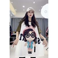 Plus Size 150kg Cartoon Character Print Women's T-shirt Spliced Shoulder Sleeves Street Trendy Tee 2024 New Summer Lady Tops Y2k