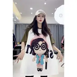 Plus Size 150kg Cartoon Character Print T-shirt damski Spliced Shoulder Sleeves Street Trendy Tee 2024 New Summer Lady Tops Y2k