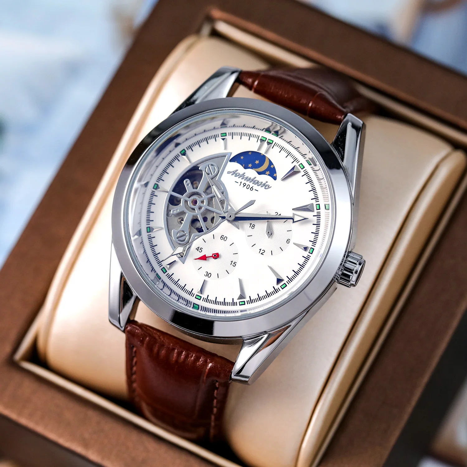 

Stainless Steel New Five-Hands Moonphase Luminous Skeleton Waterproof Self-Wind Automatic Watch for Men