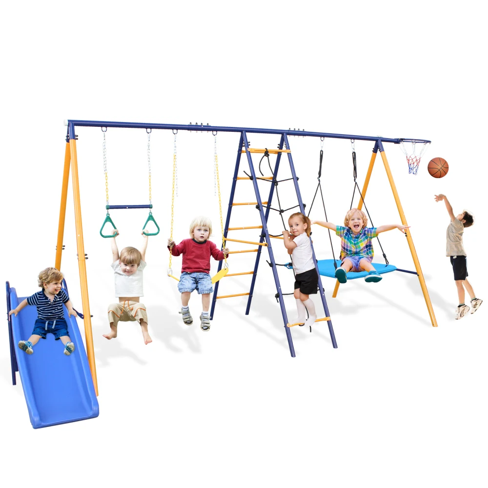 

A-Frame Heavy-Duty Metal Swing Sets with Slide, 2 Swing Seats, 1 Climbing Net & Ladder, 1 Gym Ring, 1 Basket 500 lbs 7 in 1