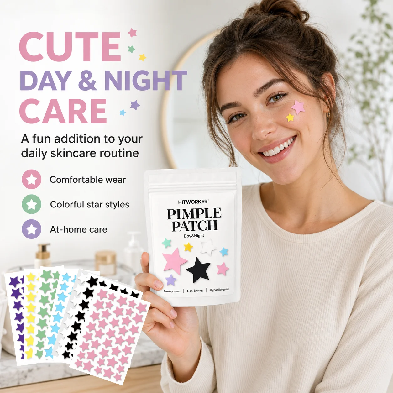 280Pcs Rainbow Colorful Star Acne Pimple Patches, Cute Multi-Color Hydrocolloid Blemish Spot Stickers, Oil Absorbing Invisible F
