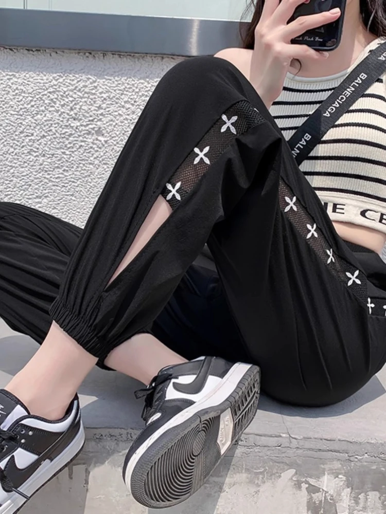 

Женские спортивные брюки из ледяного шелка Qui Dry, летние, тонкие, свободные, с манжетами, повседневные, в стиле Харлан, фасона «фонарик», с высокой талией, длиной 7/8