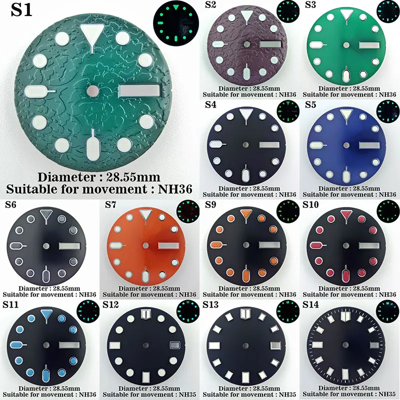 28 mm C3 grün leuchtendes Zifferblatt mit Zeitanzeigen, geeignet für NH35 NH36 Uhrwerke, SKX 007 Uhren-Ersatzteile