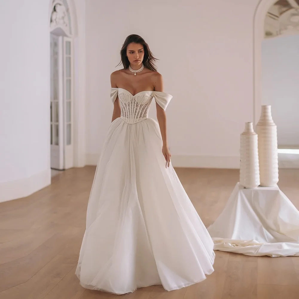 

Customized Sweetheart Collar Satin A-line Backless Lace up Wedding Party Dress Court Lace Corset Wedding Women's Gown