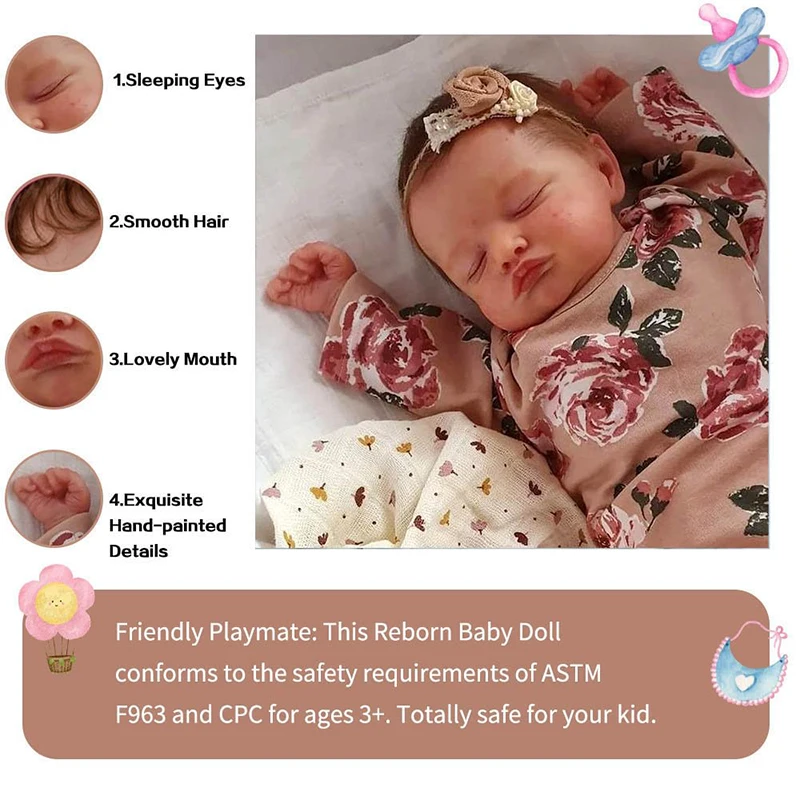 19inch Reborn Bebe  Rosalie Newborn Dolls Sleeping Baby Handmade Painted Lifelike 3D Skin with Visible Veins