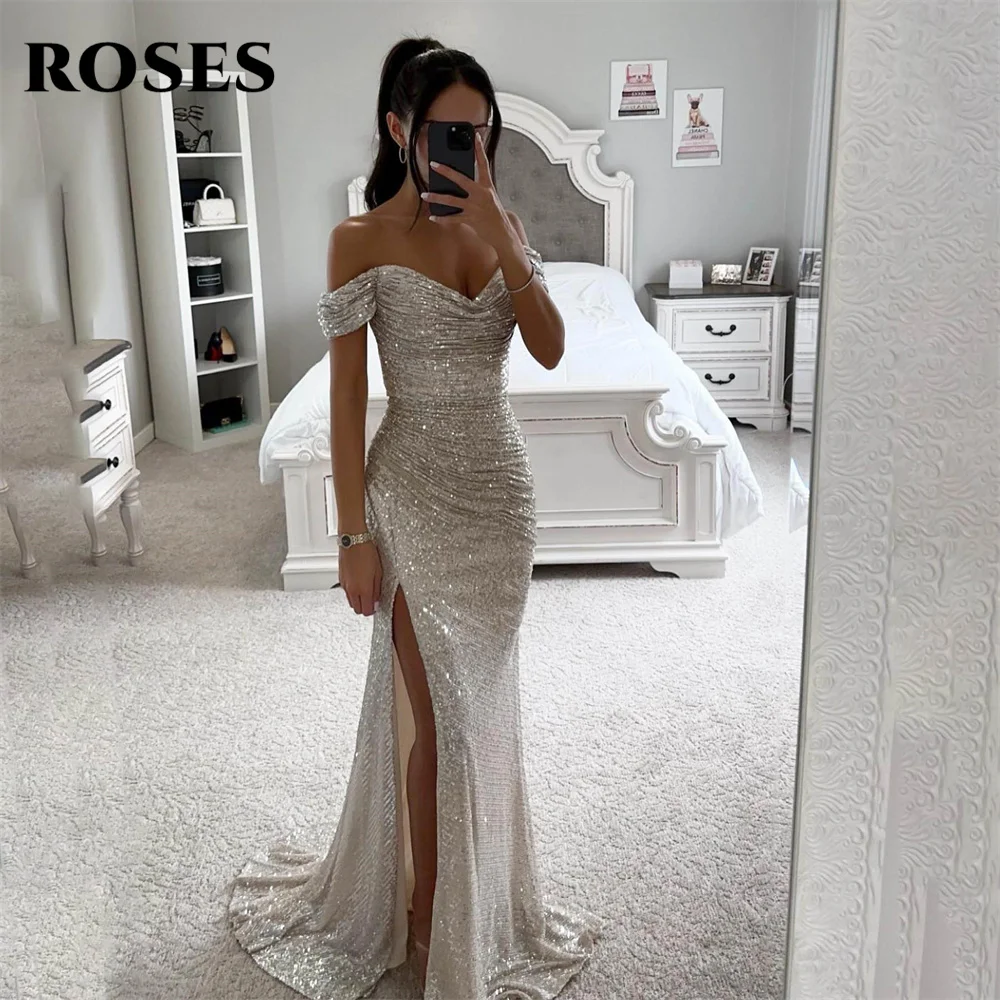 

ROSES White Sequin Long Party Dresses Pleat Off the Shoulder Vintage Night Dress Side Split Celebrity Dresses vestidos de fiesta