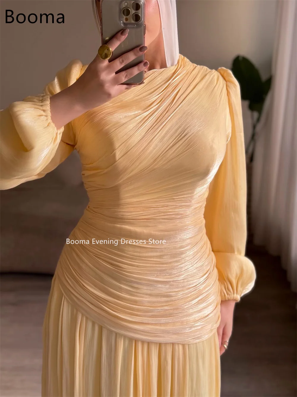 Booma أنيقة على شكل حرف a رقبة دائرية وأكمام طويلة فساتين رسمية رداء حفلات للنساء مطوي فستان حفلات بسيط تخصيص 2025