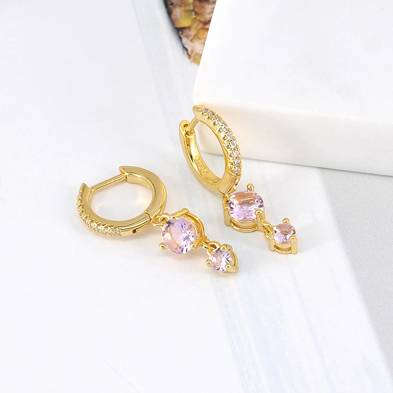 Luxuriöse Geometrische 925 Sterling Silber Ohrstecker Rosa Serie Zirkon Anhänger Creolen Süße Modische Hochzeitsschmuck Geschenke – Detail 7