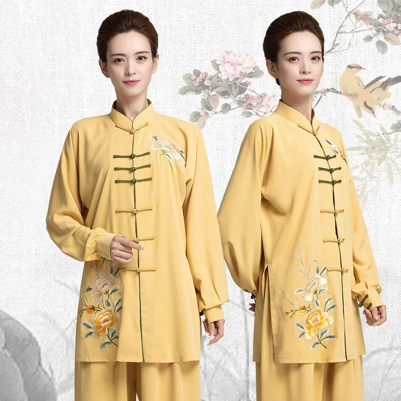 Women Tai Chi Clothes Embroidery Wushu Clothing Kung Fu Dress Martial Art Uniform Long Sleeve Yellow Wrinkle Free 2022 New Style