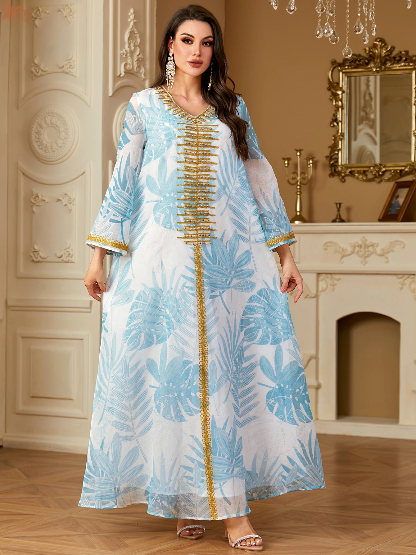 Uni New Dubai Jacquard Maxi Abaya Bordare Caftano Musulmano Abito con maniche a rete Scollo a V 2025