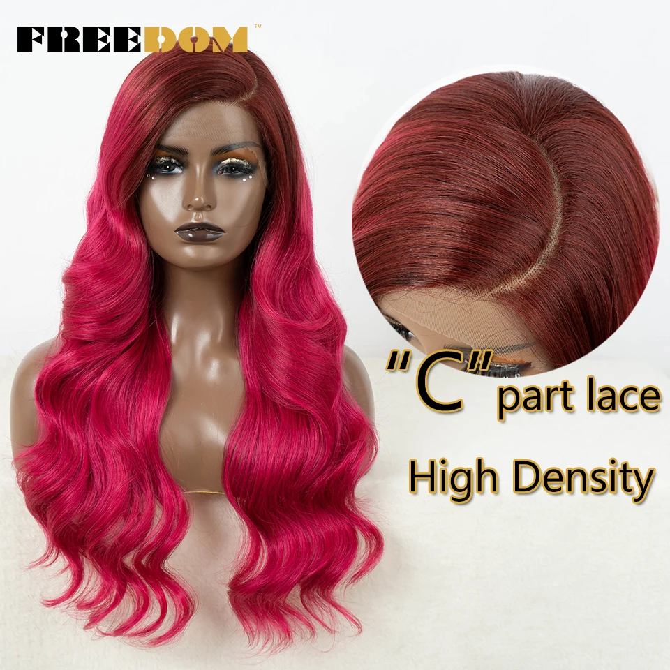 FREEDOM Body Wave C Part Synthetic Lace Front Wigs Ombre Brown Blonde Rose Red Colored Cosplay Lace Front Wig For Black Women