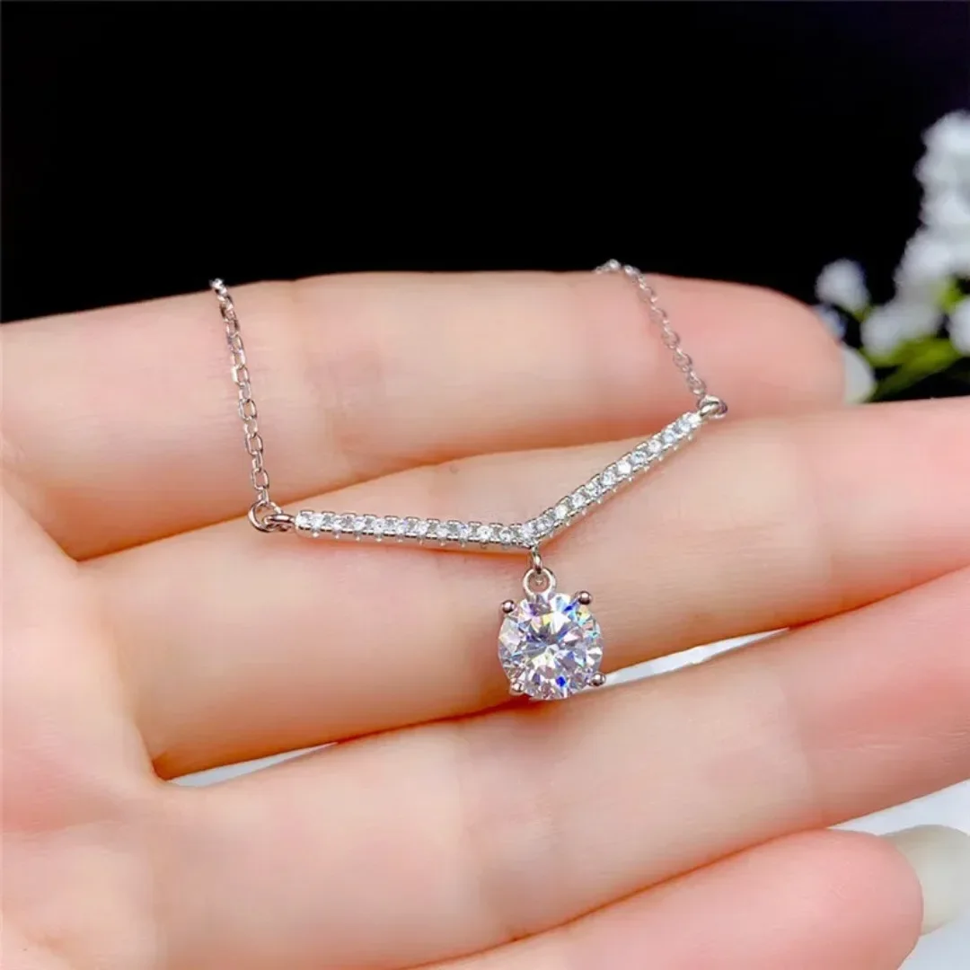 1CT Moissanite Necklace Real 925 Sterling Silver Fine Jewelry 6.5MM VVS Lab Diamond With Certificate Women Wedding Party Gift