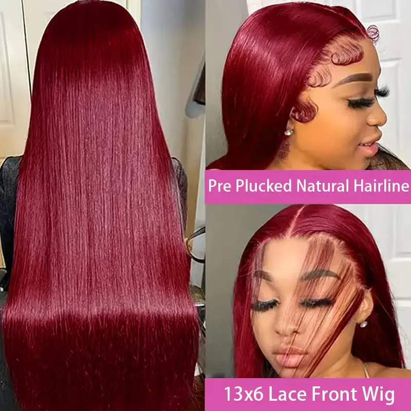 Burgundy 99J Straight Lace Front Human Hair Wigs 13x4 13x6 Red Pre Plucked Lace Frontal Wig 99J Colored 200% Human Hair Wig