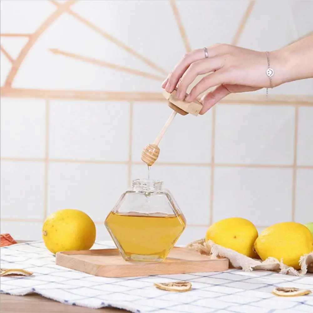 

Hexagonal Glass Honey Bottle with Wooden Stirring Rod Honey Packaging Bottle Small Honey Bottle Container Honey Jar