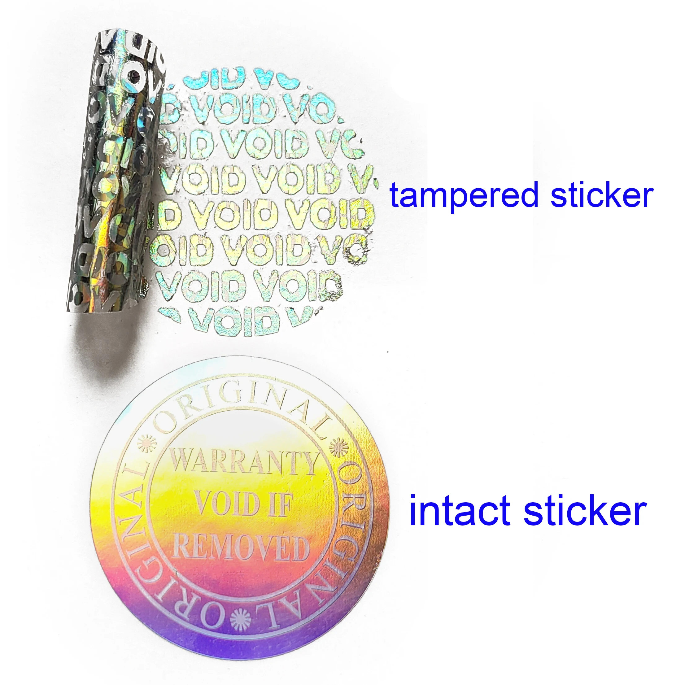 100pcs 25mm Holographic WARRANTY VOID IF REMOVED ORIGINAL Security Seal Silver Vinyl Tamper Evident Label Removal Proof Sticker