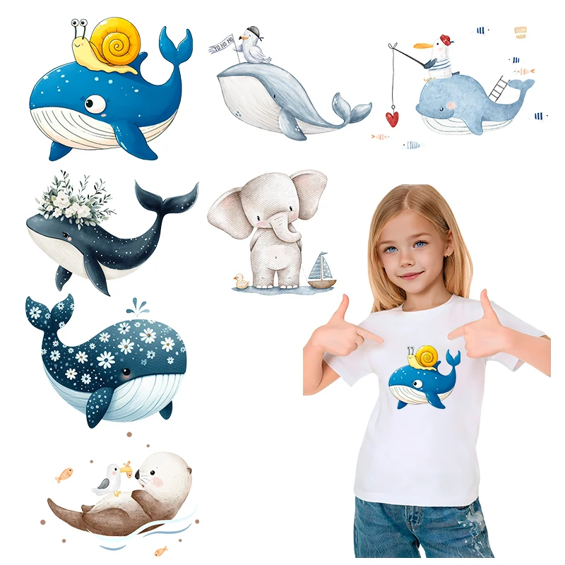 15cm DTF elephant and whale heat transfer DIY children's T-shirt hoodie decoration printed sticker Iron On washable hot stamping