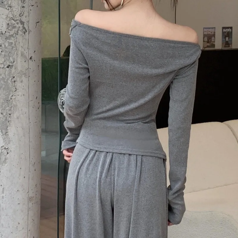 Long Sleeve T-shirts Women Gentle Slash Neck Pure Off Shoulder Basic Irregular Tops Folds Popular Tender Female Ulzzang Ins