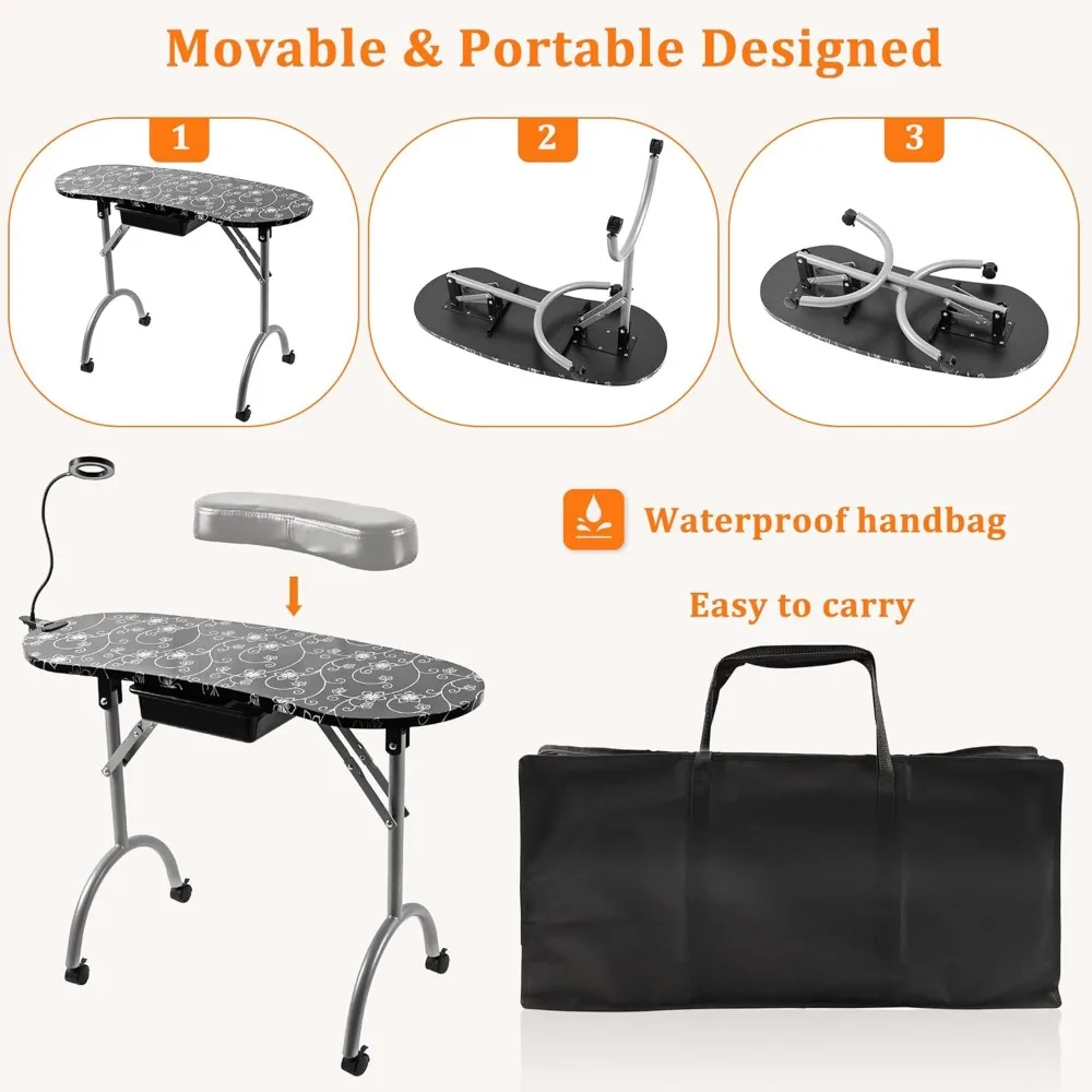 30" H Manicure Nail Table, Portable & Foldable Nail Desk Workstation with Large Drawer/Client Wrist Pad/Lockable Rolling Wheels