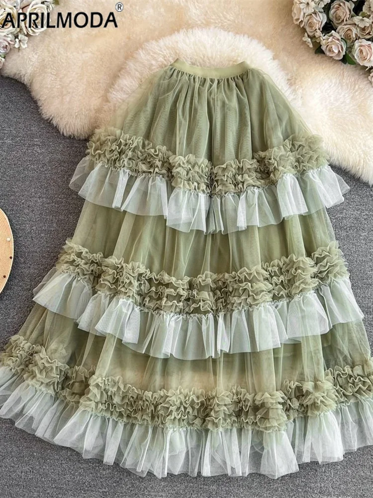 

2025 Autumn Winter Ball Gown Big Swing Midi Long Party Tulle Tutu Skirt Patchwork Elastic Waist Multi-Layers Cake Pleated Skirts