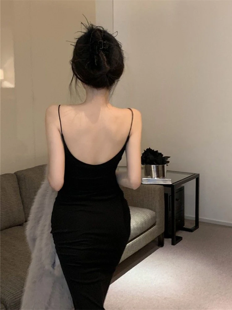 Vestido camisola con aberturas laterales para mujer, ropa de calle Sexy Y2K, vestido Midi ajustado francés elegante con tirantes finos, Vestidos de fiesta con tirantes