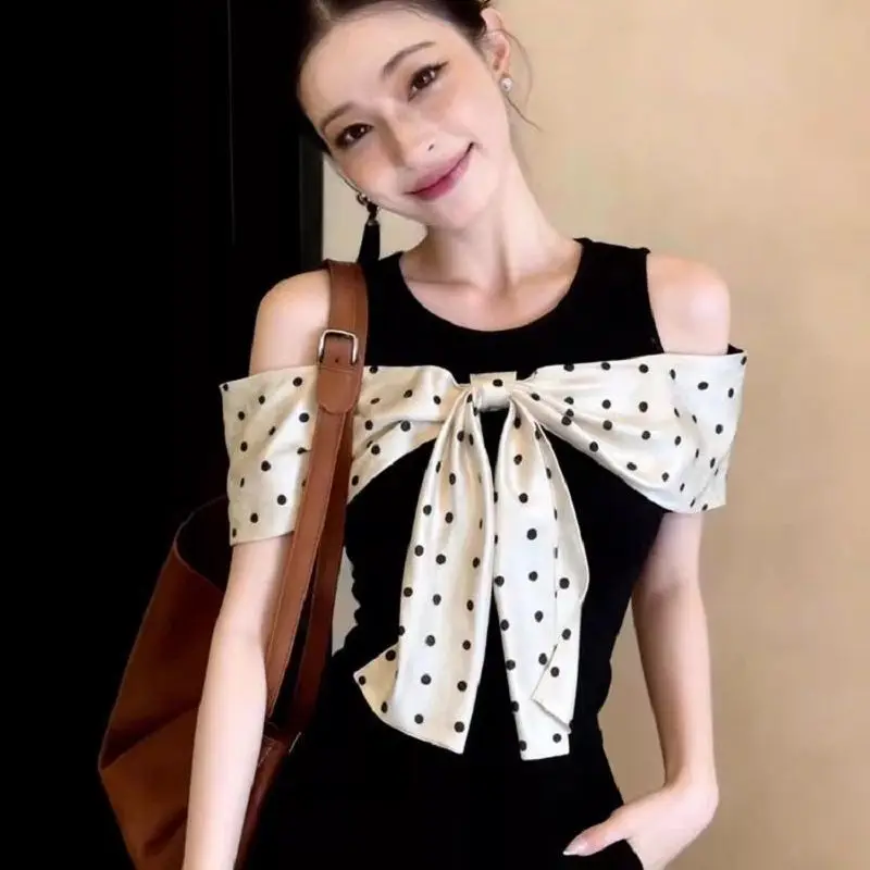 Fashion Polka Dot Printing Off Shoulder Tops Women Clothing Short Sleeve Slim Bow Patchwork Trend T Shirts Elegant Korean Summer