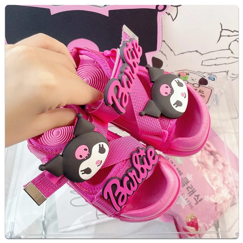 Anime Kawaii Sanrios Kuromi Summer Hollow Cartoon Velcro Kids Baotou Girls Sandals Soft Bottom Students Casual Beach Shoes Gift